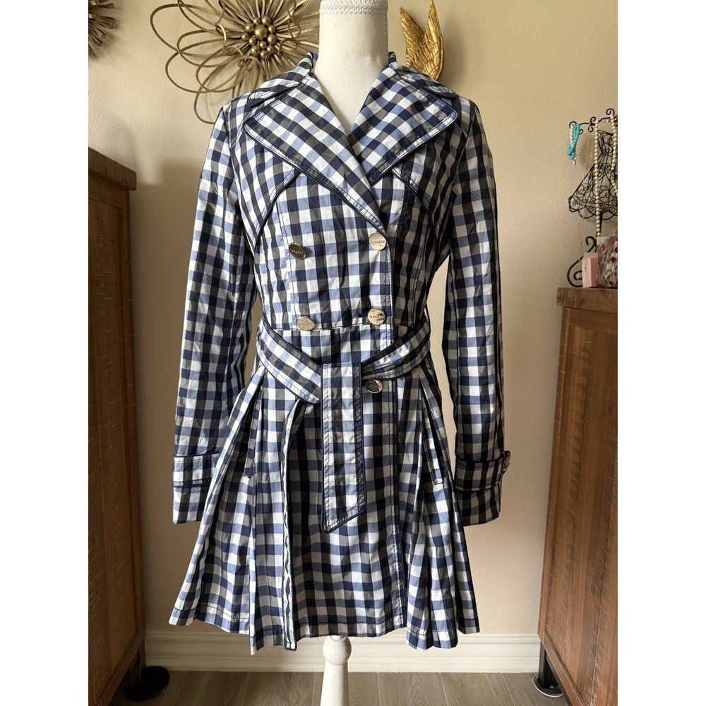 Laundry by Shelli Segal Raincoat XS Blue Gingham Plaid Belted Trench Coat